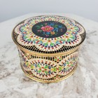 Vtg Black Floral Enameled Round Metal Tin Trinkets Sewing Storage Belgian