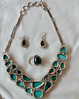 Vintage Silver Turquoise Gemstone Set Necklace Earrings Ring