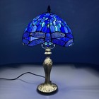 Pair Of Tiffany Dragonfly Antique Style 10 Inch Blue Table Lamp Stained Glass