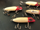 10 Assorted Red white Vintage Wood Lures Warriors Lot Creek Chub  South Bend Etc