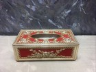 Vintage Kitsch Red Velvet Flocking   Gold Plastic Tissue Box Cover Mid Century