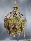 Vintage Hollywood Regency Green Jewel Swag Lamp Hanging Filigree Chandelier