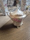 Late 1800 s Prussia Porcelain Floral Sugar Bowl W  Lid  Round White Pink Gold