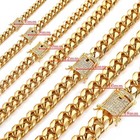6-18mm Miami Cuban Link Chain Necklace Men Cz Clasp Gold Plated Stainless Steel