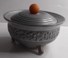 Vintage Round Metal Tin Vanity Powder Puff   Mirror Music Trinket Box -working