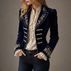 Women s Velvet Blazer Jacket Embroidered Floral Button Front Long Sleeve