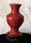 Vintage Chinese Red Craved Floral Cinnabar Lacquered Vase Brass W Blue Enamel 4   