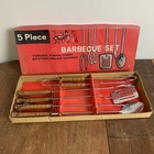 Vintage 1970s Five  5  Piece Metal Wooden Handle Leather Loop Bbq Set Unused