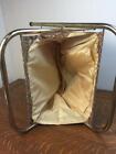 Vintage Folding Sewing Basket Knitting Yarn Bag Tote Fabric Wood Needles W  Yarn
