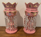Pair Of Antique Bohemian Pink Glass Mantle Lusters 13 1 2  High -16 Prisms
