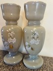 Antique Victorian Bristol Glass Mantel Vases Pair Hand Painted Enamel Floral 6 