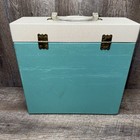 Vtg Vinyl Record Metal Carrying Case Teal   Grey W  Clear Handle  capacity 30 