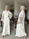 Beige Abaya Islamic Dress Women Ethnic Embroidery Wide Flare Sleeve Ramadan Eid