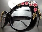 Oversize Vintage Retro Style Clear Lens Eye Glasses Black Frame Gold Pink Floral