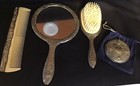 Vintage Ornate Vanity Set Silver Plate Hand Mirror  Brush   Comb   Compact