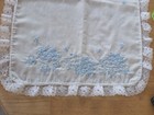 Vtg Hand Embroidered Blue Flowers White Lace Table Runner Scarf Doily 14    X 37   