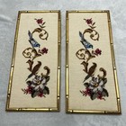 Vtg Mcm Needlepoint Petit Point Gold Framed Set Of 2 Bird Floral 18x8 Embroidery