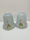2 Frosted Blue Lamp Light Shade Ribbed Vintage Handpainted Flowers 2 25  Fitter