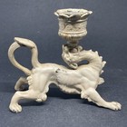 Antique Painted Cast Metal Passant Lion Pair Candle Holders Set 2