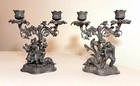Pair Antique Bronze Patinated Cast Iron Ornate Figural Dog German Candelabras