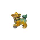 Pair Vintage Chinese Yellow Green Ceramic Fengshui Foo Dog Lion Figures Ws3786