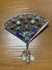 Chinese Antique Sterling Silver Enamel Butterfly Tourmaline jade Fan Pin Brooch