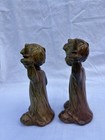 Vintage Pair Of Boy Figurines Holding Primitive Oil Lamp Faux Wood Mcm 7in