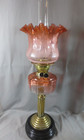 Original Antique Brass   Amber orange  Glass Oil Lamp  With Original Tulip Shade