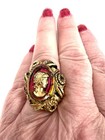 Vtg Cameo Ring Adjust Victor Golden Pink Watermelon Glass Rainbow Intaglio Nice