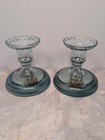 Vtg Antique Hand Blown Blue Glass Candle Sticks W  Hand Painted Ships Read Desc