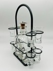 Vintage Clear Glass Decanter With 8 Shot Glasses And Metal Caddy