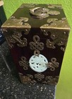     chinese  Vintage Rosewood Brass Jewelry Box With Metal Work   Carved Jade