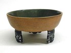 Vintage Mexican Mayan Bowl Footed Face Pottery Dish Aztec Folk Art Etched