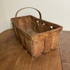 Vintage Primitive Woven Splint Wood Harvest Basket With Fixed Handle Brown