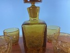 Heavy Bar Set Crackle Glass Handblown Liquor Decanter Amber Italy 6 Glasses Vtg