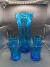 Vintage Peacock Blue Optic Glass Cocktail Pitcher And 4 Tumblers Mcm  read 