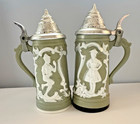 Vtg Green Plastic German Beer Stein Salt And Pepper Shakers Set Hinged Lids  128