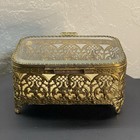 Jewelry Casket Box Ormolu Gold Filigree Beveled Glass Velvet Goldish Velvet Vtg