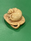 Vintage Japanese Netsuke Cat Laying Sleeping On Fan Leaf