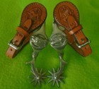 Buermann Super Nice Antique Horsehead Drop Shank Buckaroo Spurs   Tooled Straps