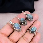 925 Sterling Silver Labradorite Jewelry Set Oval Gemstone Ring Earrings Pendant