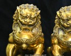 11 4 old Dynasty Bronze Gilt Foo Fu Dog Guardion Lion Beast Animal Statue Pair