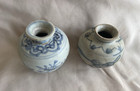 Antique 14th Century Ming Export Ware Blue   White Mini Jarlet Set Of 2  2 75in 
