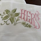 Vtg His Hers Embroidered Pillowcase Pair Queen 20x30 Green Pink Satin Stitch