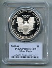 2001 W American Silver Eagle Dollar Pcgs Pr 70 Dcam Proof Deep Cameo