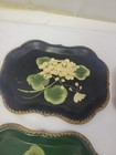 Vintage Black Toleware Small Hand Painted Floral Flowers Metal Trays - Set Of 6