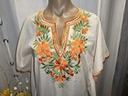 Vtg Mexican Huipil 60 s 70s Caftan Long Dress Beige Embroidered Boho Hostess M l