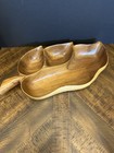 Vtg Hand Carved Leaf Divided Wood Tray 3 Section Mid Century Monkey Pod Style