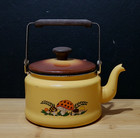 Vtg 70   s Sears Merry Mushroom Enamelware Yellow Tea Kettle Mcm 8  X 7 5 