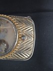 Vtg 1970s Western Belt Buckle Gold Silver Tone Natural Stone Agate Cabochon